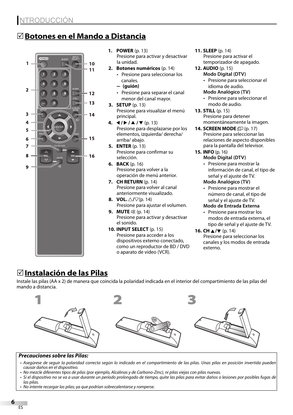 Ntroducción, Botones en el mando a distancia 5, Instalación de las pilas | Sylvania LC370SS9 User Manual | Page 44 / 76