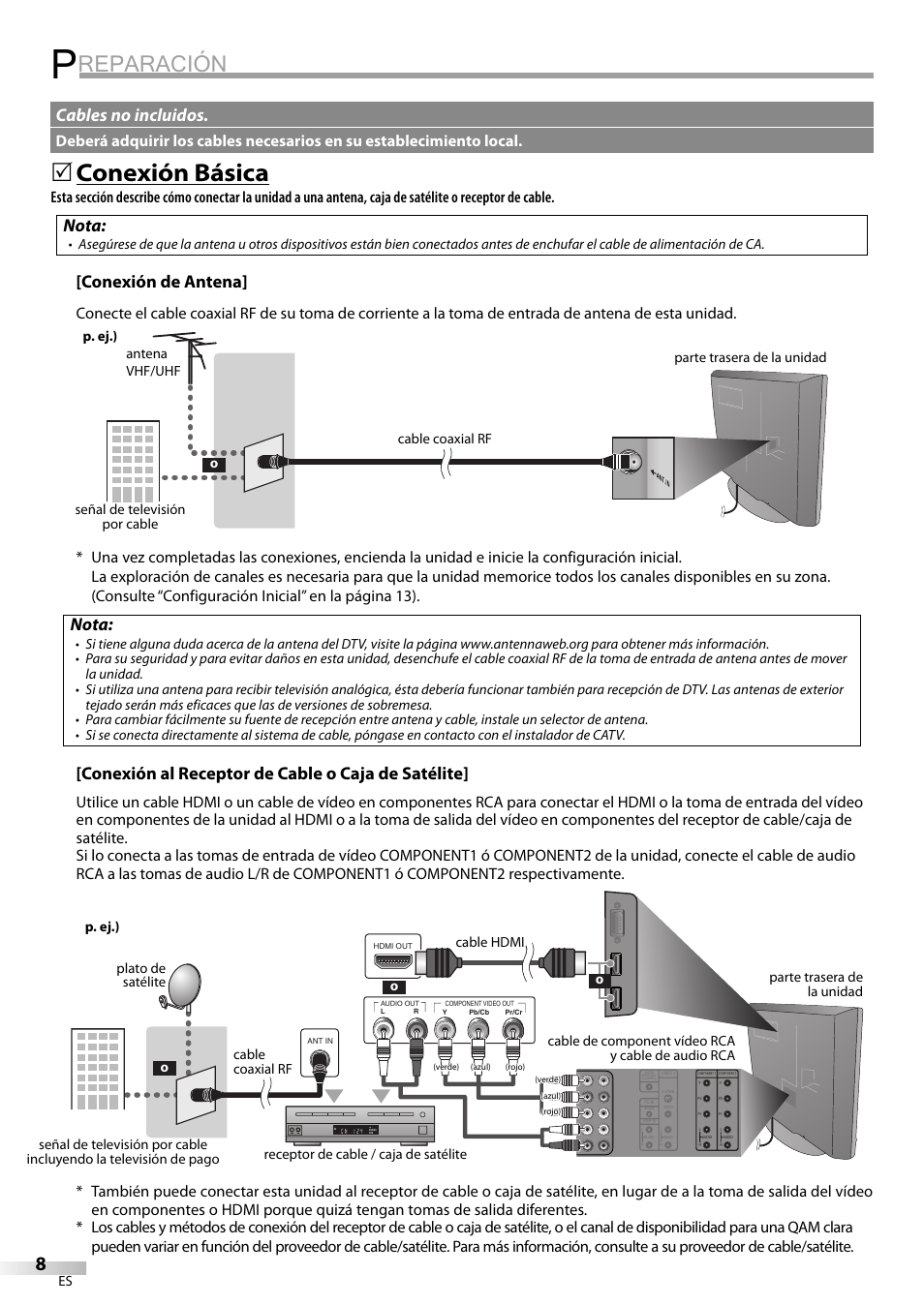 Reparación, Conexión básica, Nota | Conexión de antena, Conexión al receptor de cable o caja de satélite, Cables no incluidos | Sylvania LC370SS9 User Manual | Page 46 / 76