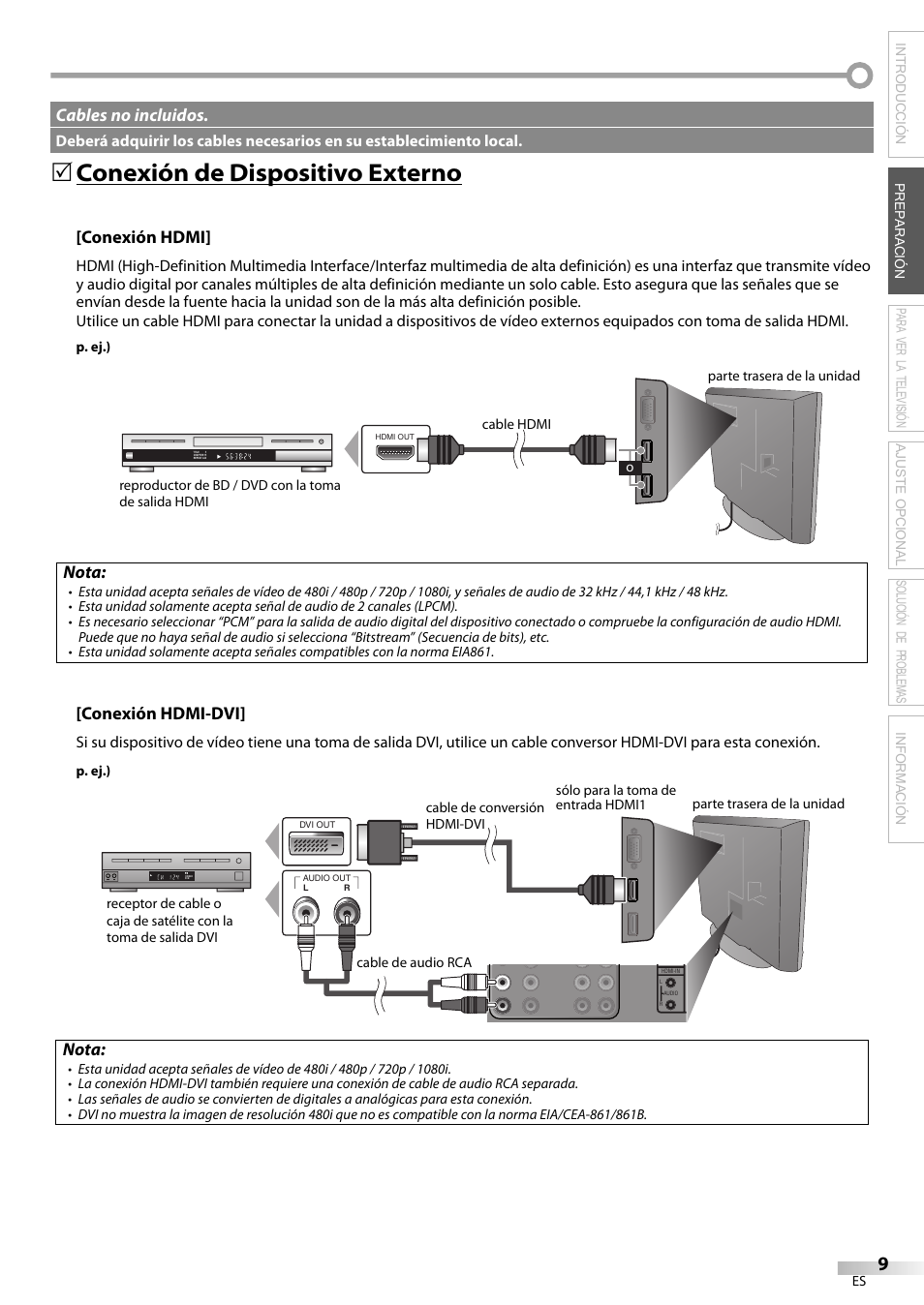 Conexión de dispositivo externo, Conexión hdmi, Nota | Conexión hdmi-dvi, Cables no incluidos | Sylvania LC370SS9 User Manual | Page 47 / 76