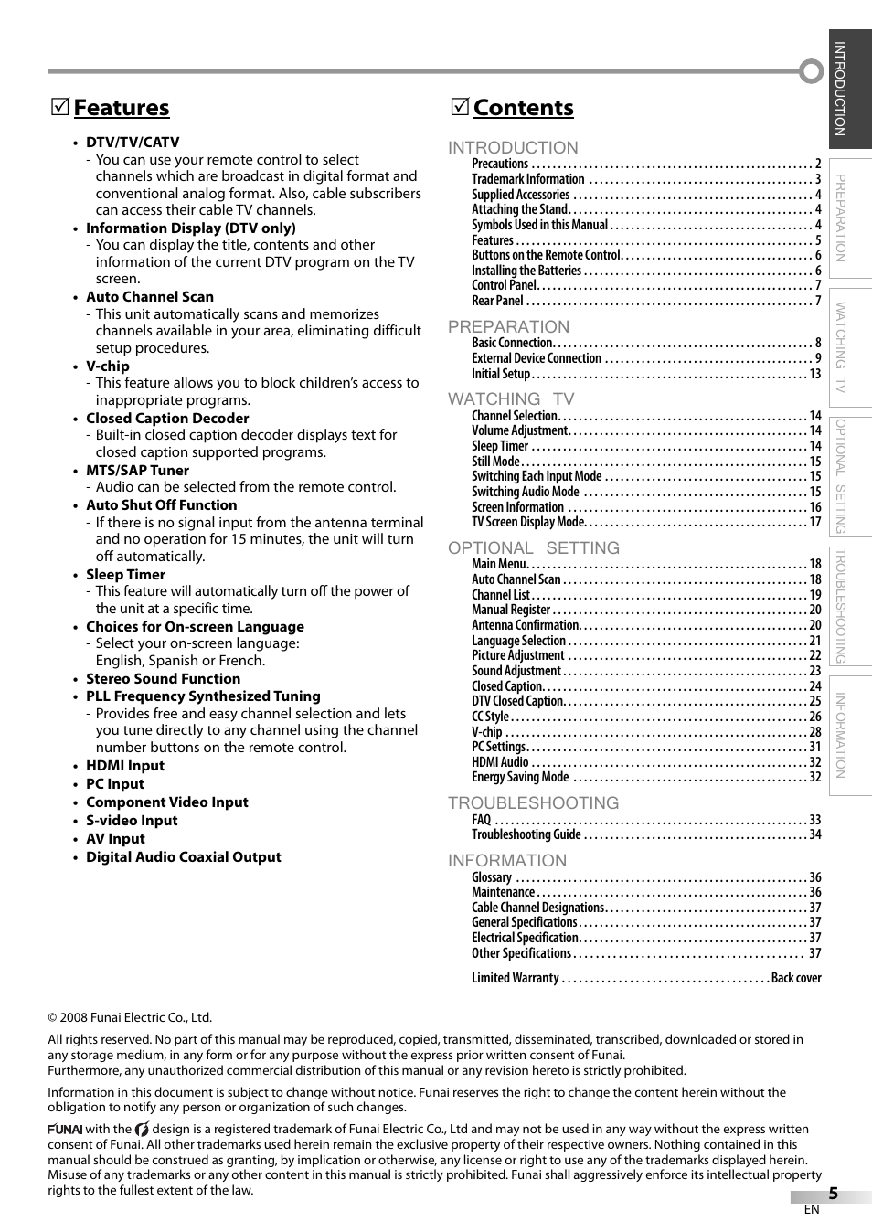 Introduction, Preparation, Watching tv | Optional setting, Troubleshooting, Information, Contents 5, Features 5 | Sylvania LC370SS9 User Manual | Page 5 / 76