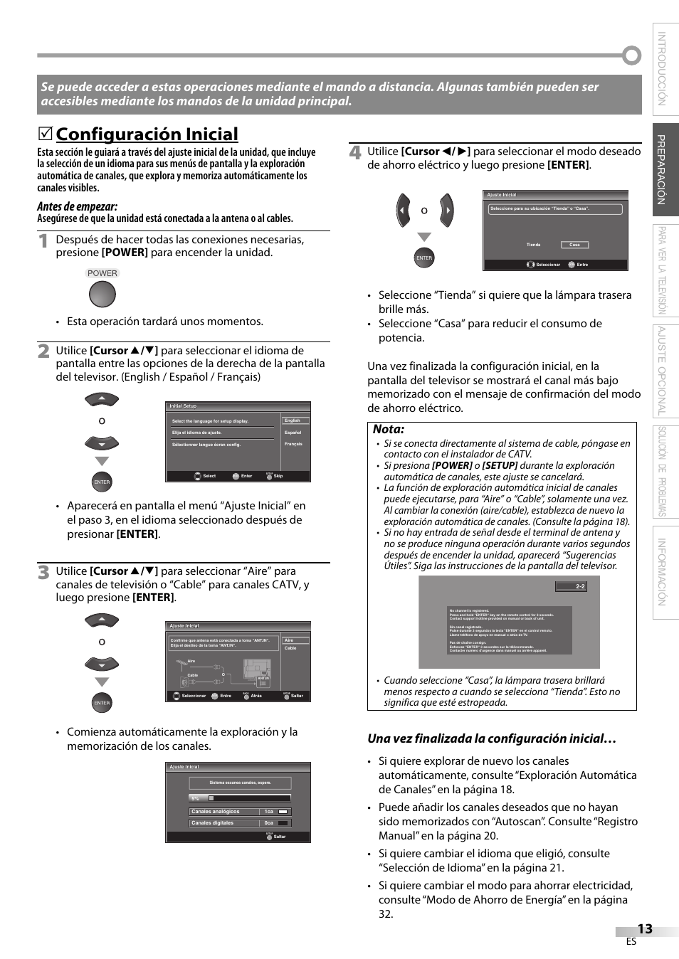 Configuración inicial, Antes de empezar, Nota | Una vez finalizada la configuración inicial | Sylvania LC370SS9 User Manual | Page 51 / 76