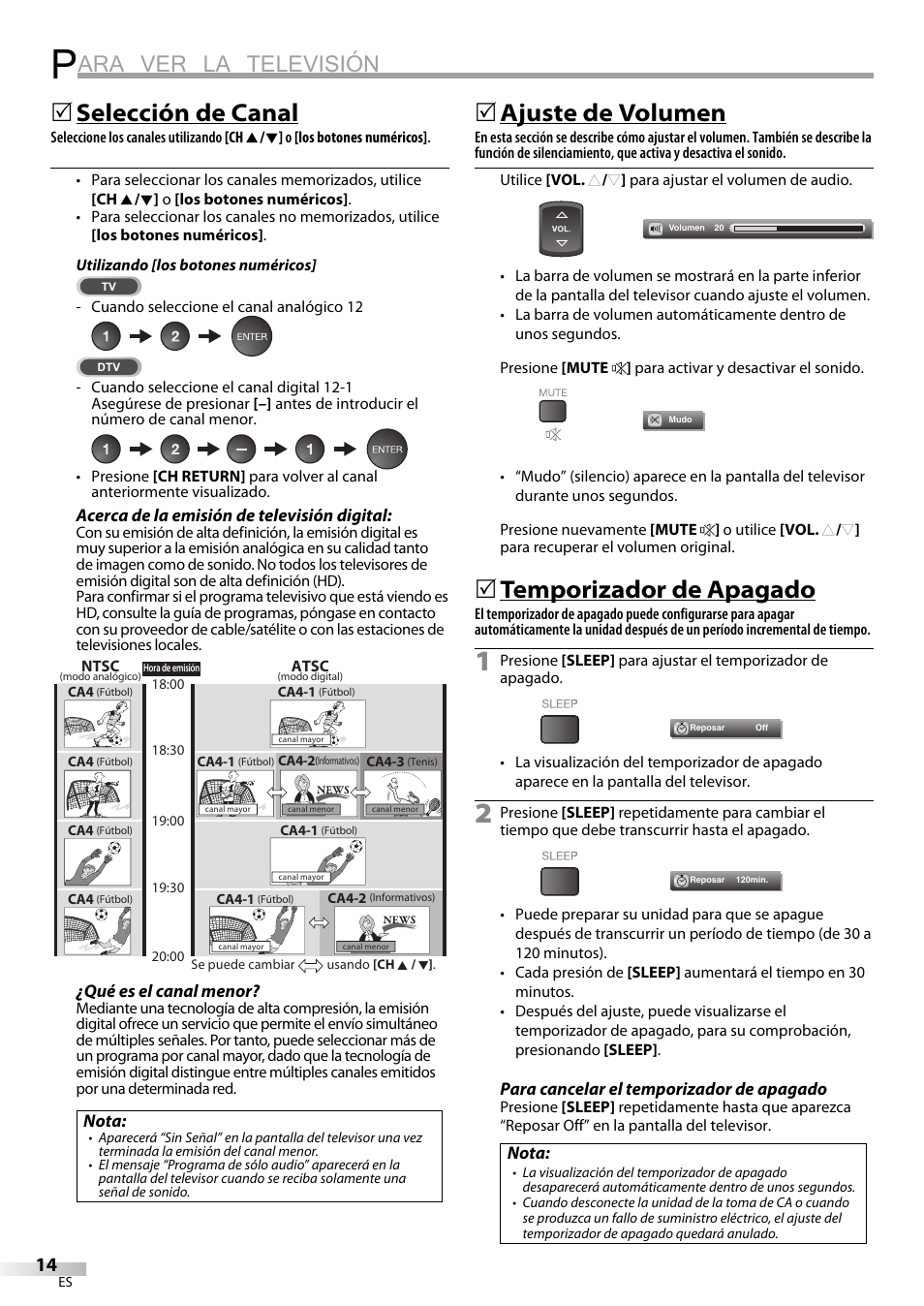 Ara ver la televisión, Selección de canal, Ajuste de volumen | Temporizador de apagado | Sylvania LC370SS9 User Manual | Page 52 / 76