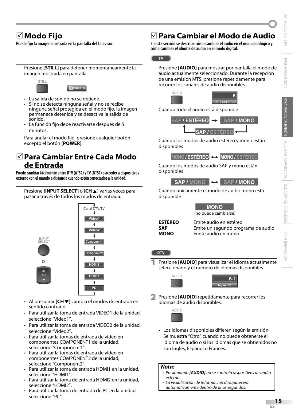 Modo fijo, Para cambiar entre cada modo de entrada, Para cambiar el modo de audio | Sylvania LC370SS9 User Manual | Page 53 / 76