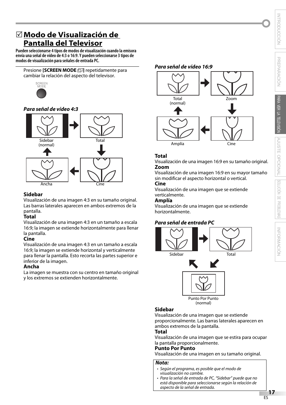 Modo de visualización de pantalla del televisor | Sylvania LC370SS9 User Manual | Page 55 / 76