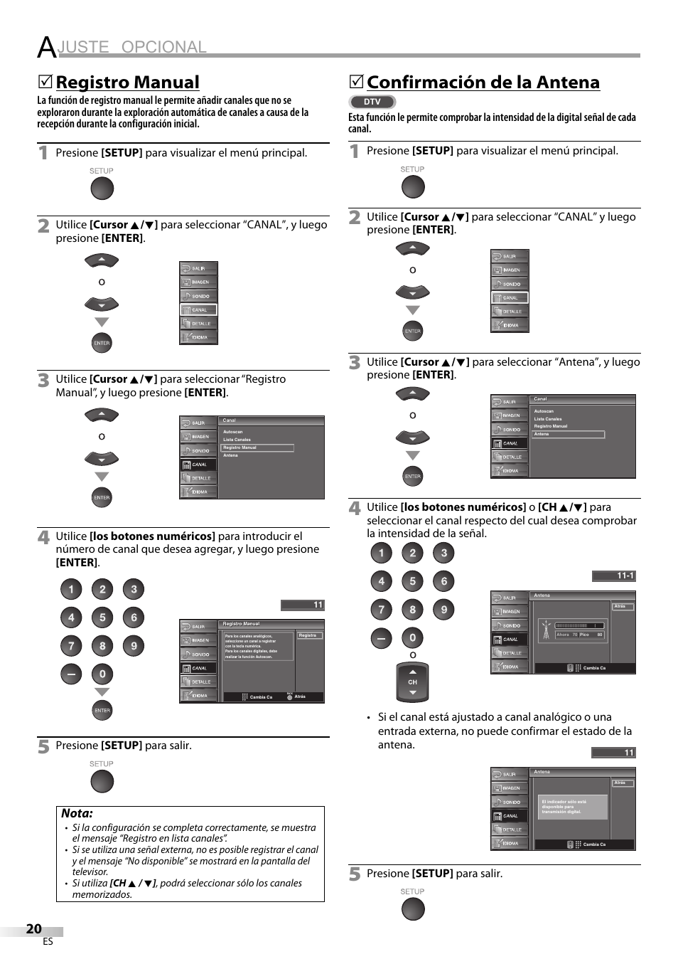 Juste opcional, Registro manual, 5confirmación de la antena | Nota | Sylvania LC370SS9 User Manual | Page 58 / 76