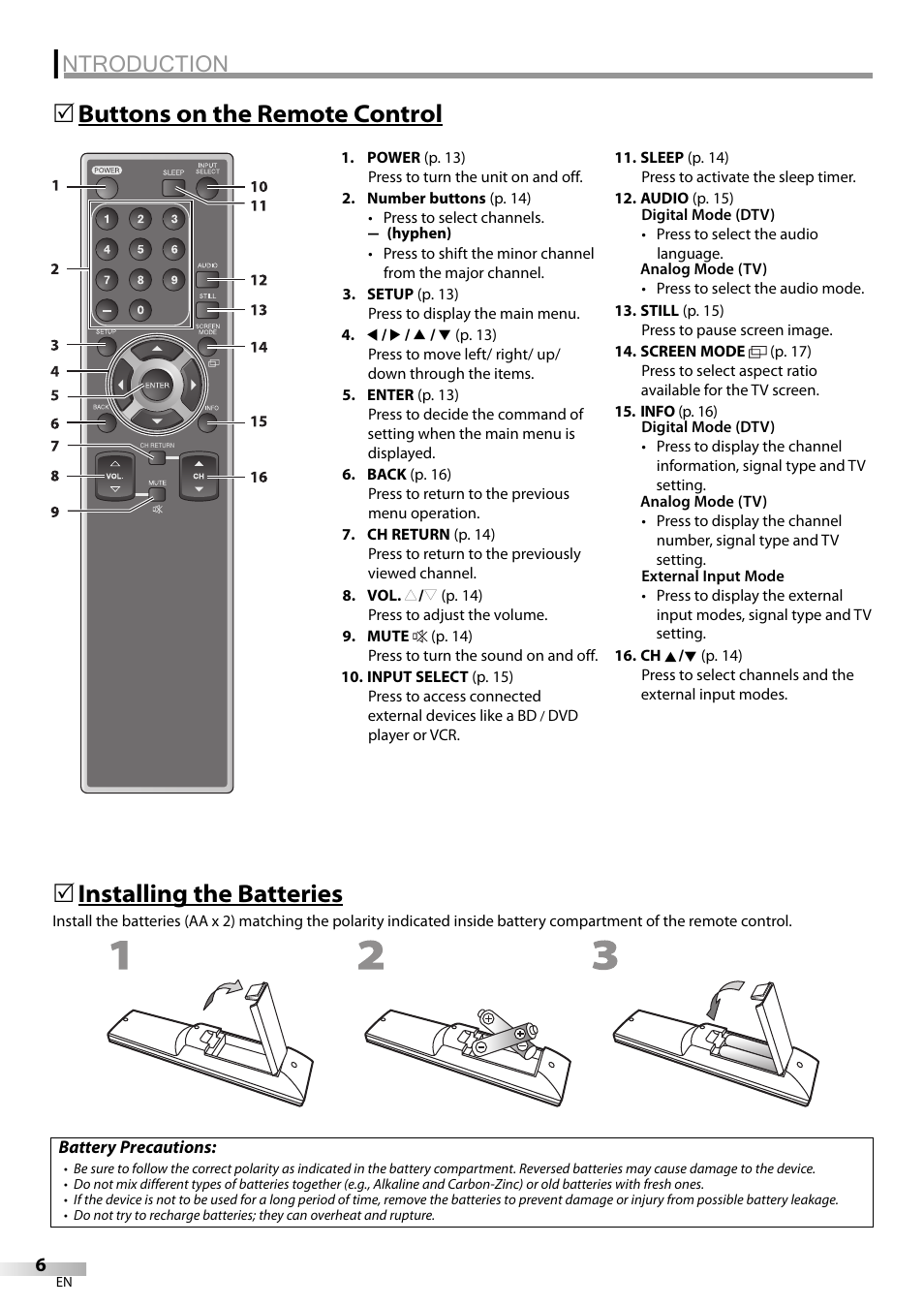 Ntroduction, Buttons on the remote control 5, Installing the batteries | Sylvania LC370SS9 User Manual | Page 6 / 76