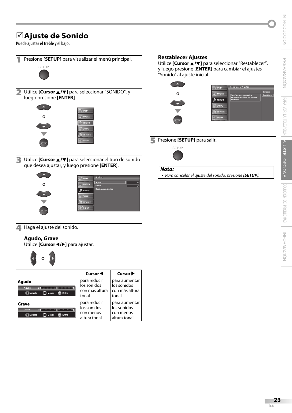 Ajuste de sonido, Agudo, grave, Restablecer ajustes | Nota | Sylvania LC370SS9 User Manual | Page 61 / 76