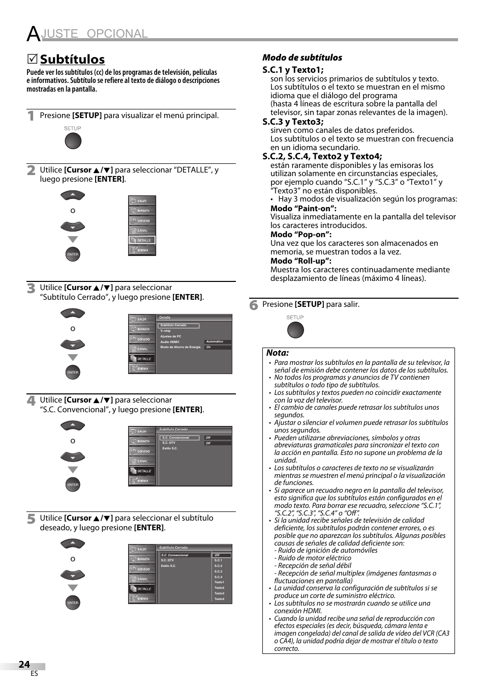 Juste opcional, Subtítulos, Modo de subtítulos s.c.1 y texto1 | S.c.3 y texto3, S.c.2, s.c.4, texto2 y texto4, Nota | Sylvania LC370SS9 User Manual | Page 62 / 76