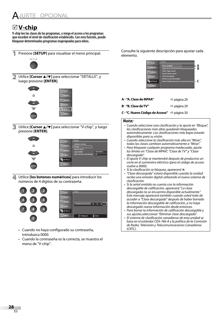 Juste opcional, V-chip, Nota | Sylvania LC370SS9 User Manual | Page 66 / 76