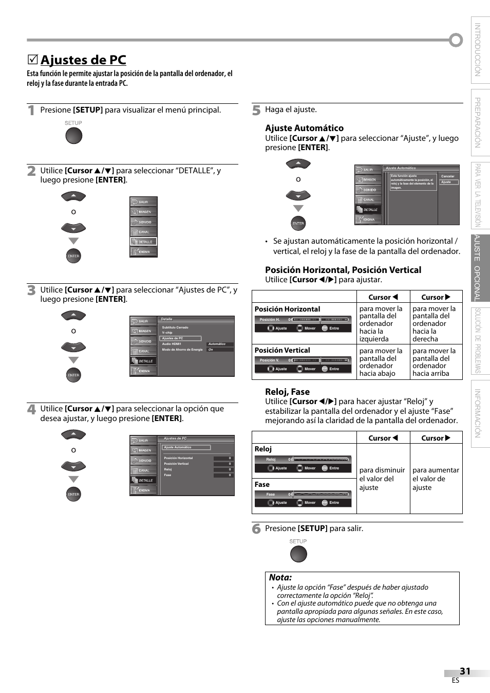 Ajustes de pc, Ajuste automático, Posición horizontal, posición vertical | Reloj, fase, Nota | Sylvania LC370SS9 User Manual | Page 69 / 76