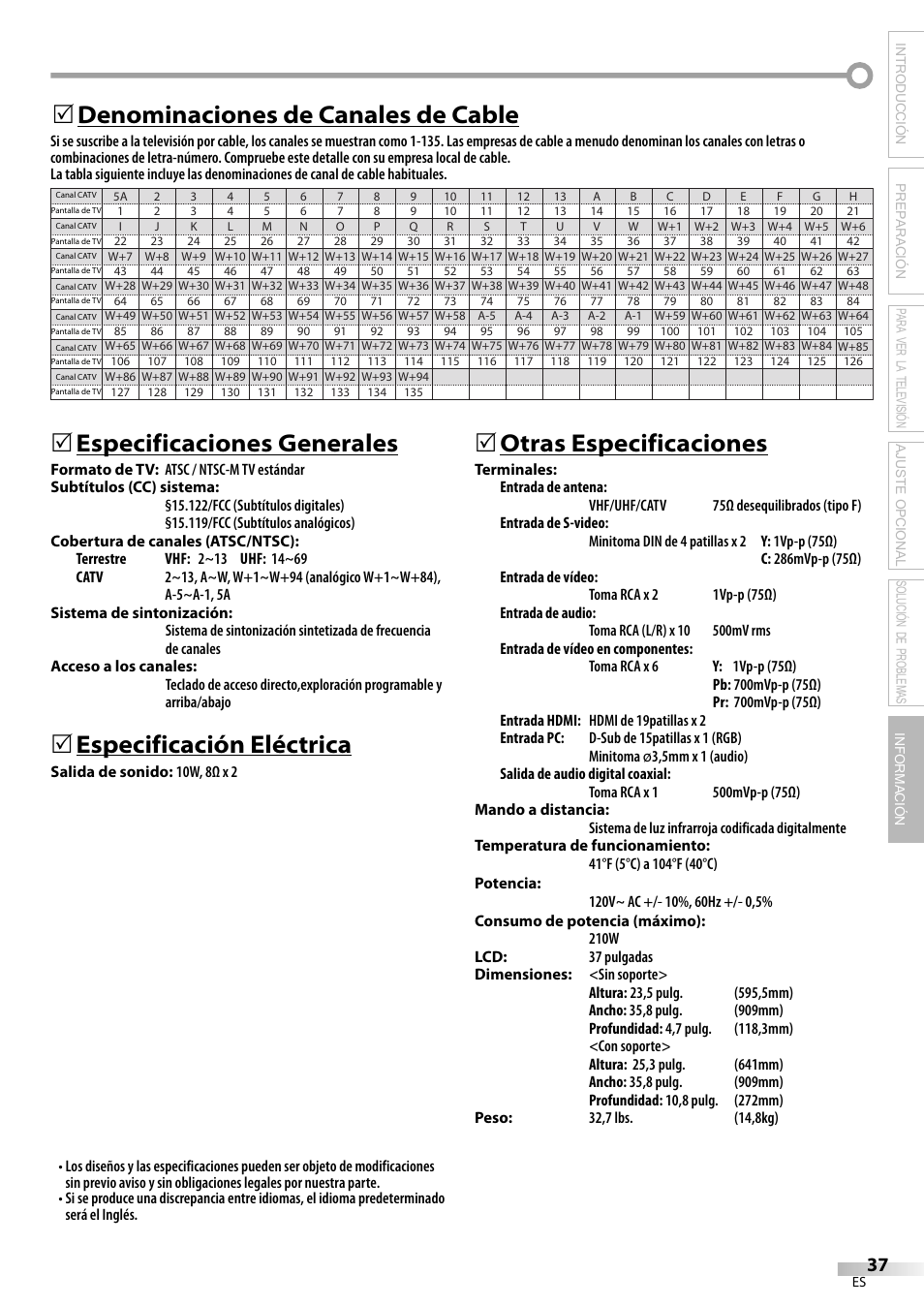 Especificaciones generales, Especificación eléctrica, 5otras especificaciones | Denominaciones de canales de cable 5 | Sylvania LC370SS9 User Manual | Page 75 / 76