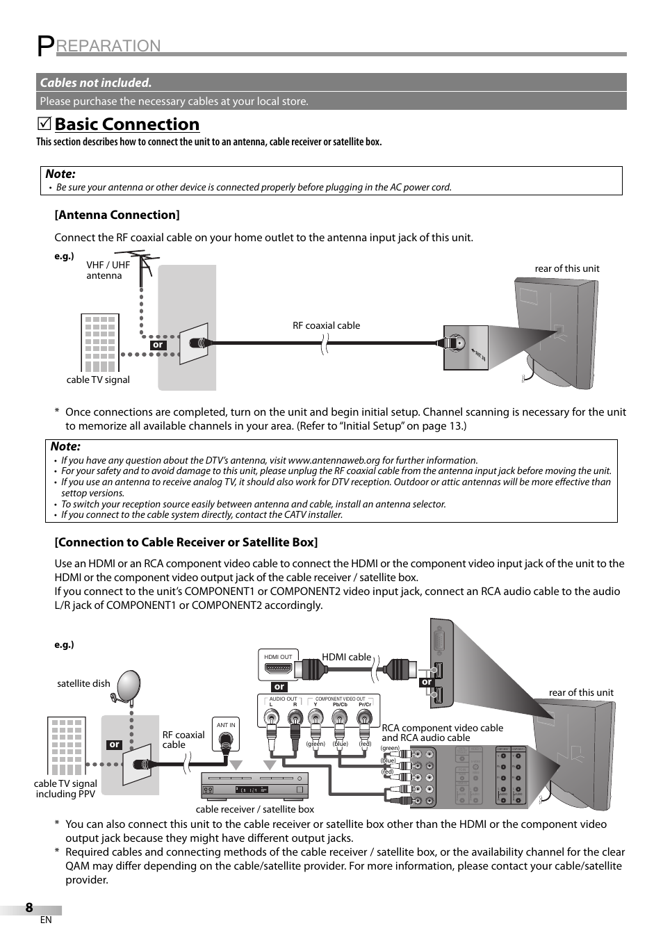 Reparation, Basic connection, Antenna connection | Connection to cable receiver or satellite box, Cables not included | Sylvania LC370SS9 User Manual | Page 8 / 76