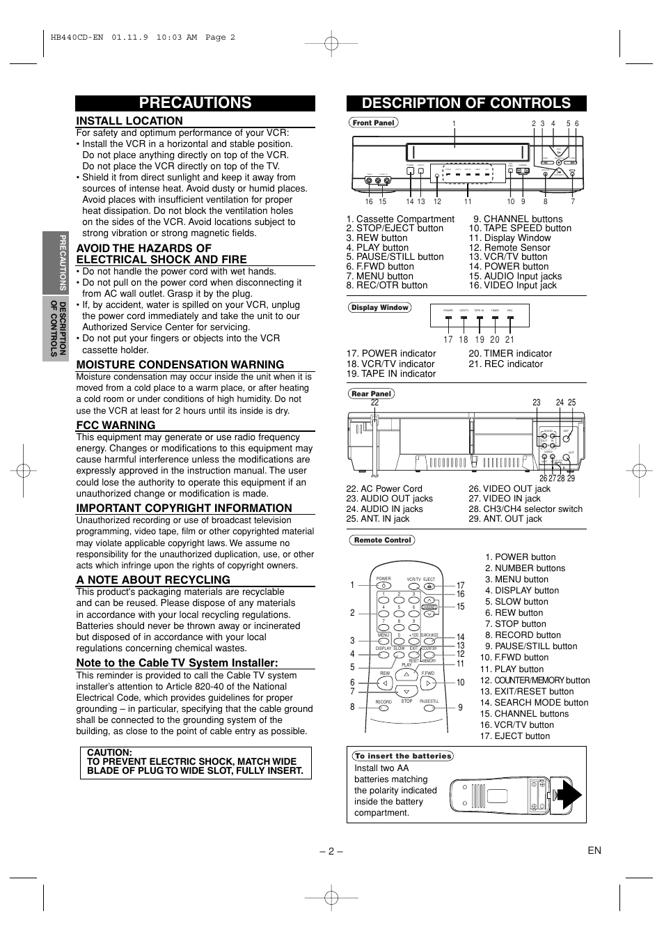Precautions, Description of controls, Install location | Avoid the hazards of electrical shock and fire, Moisture condensation warning, Fcc warning, Important copyright information, 2 – en | Sylvania 6262CVC User Manual | Page 2 / 8
