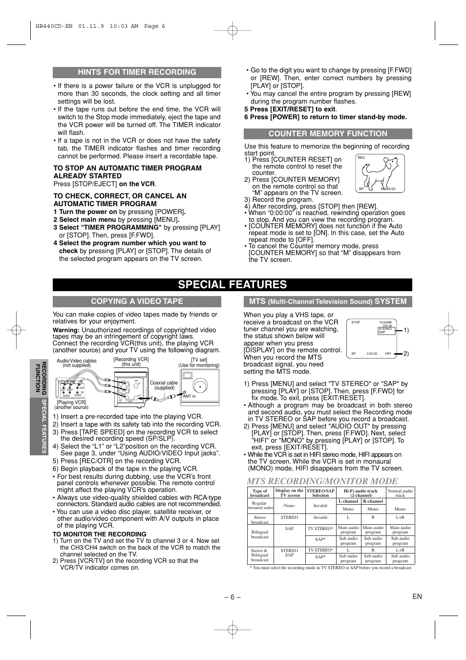 Special features, Mts recording/monitor mode, System | Copying a video tape, Hints for timer recording, 6 – en | Sylvania 6262CVC User Manual | Page 6 / 8