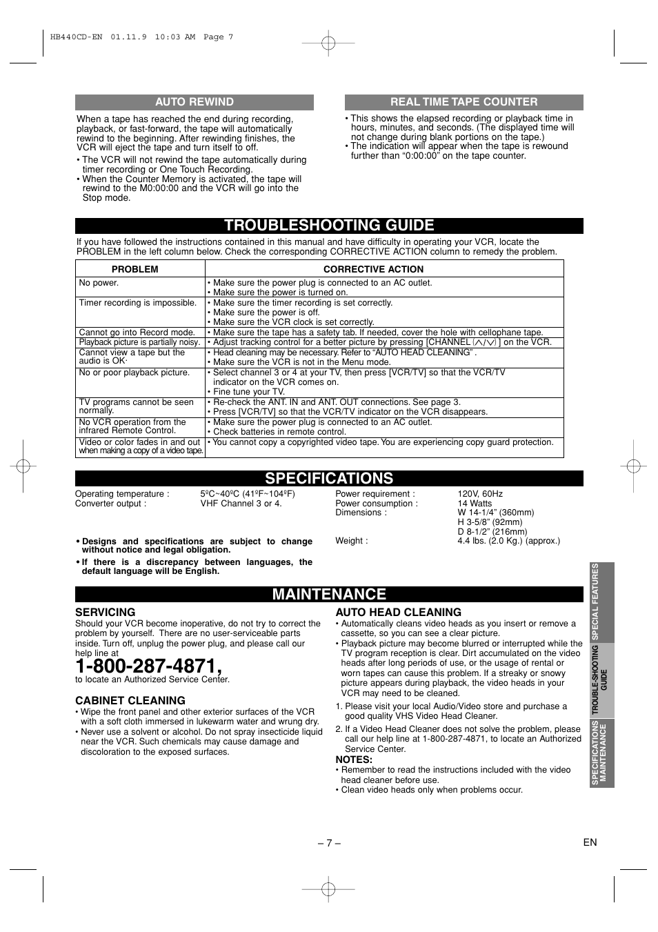 Maintenance specifications troubleshooting guide | Sylvania 6262CVC User Manual | Page 7 / 8