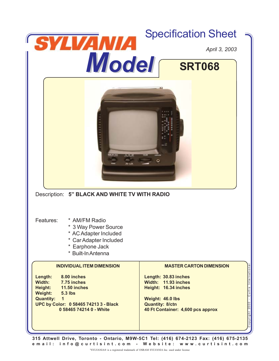 Sylvania SRT068 User Manual | 1 page