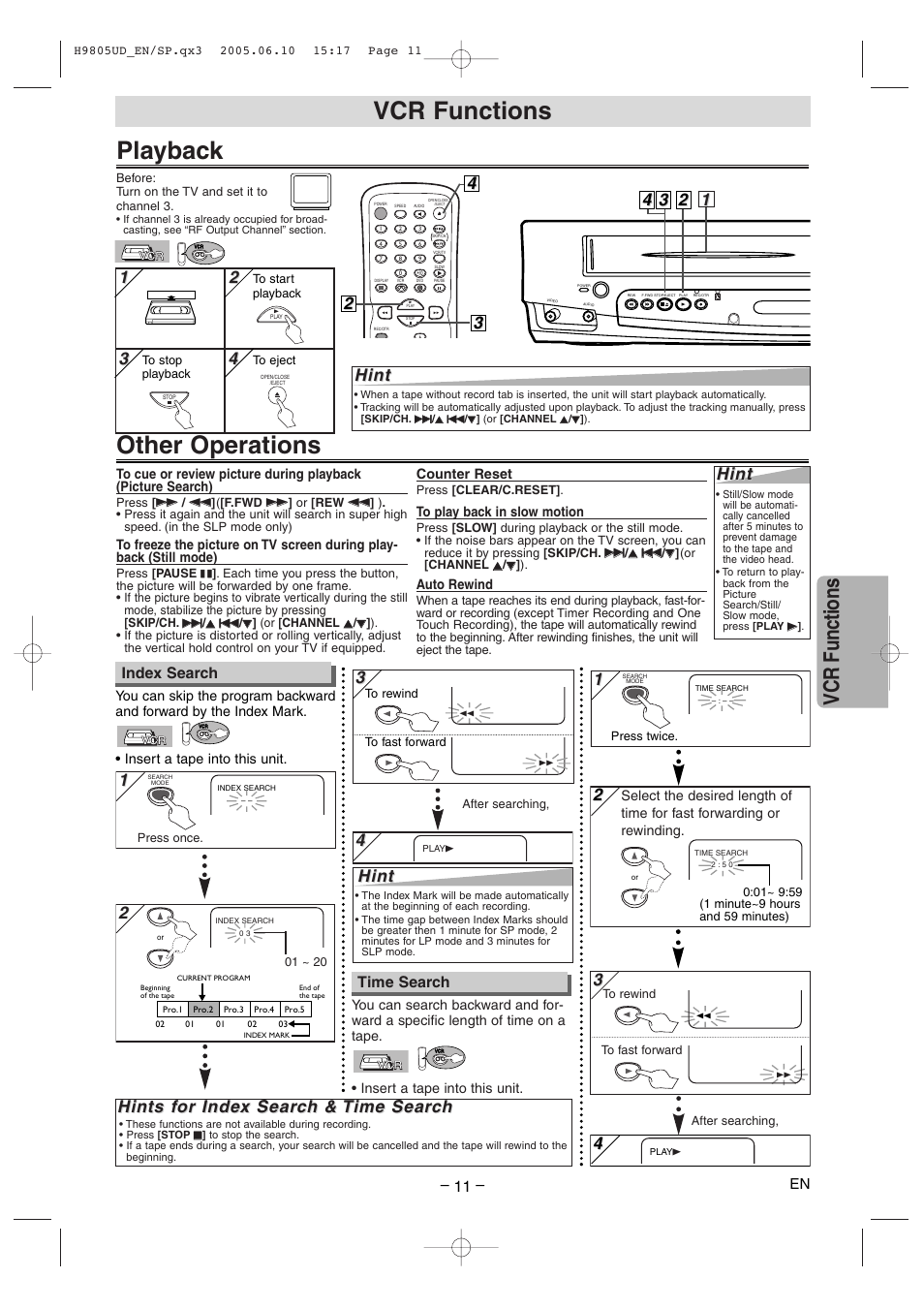 Playback, Other operations, Vcr functions | Hint, Hints f, Index search, Time search | Sylvania SRDD495 User Manual | Page 11 / 28