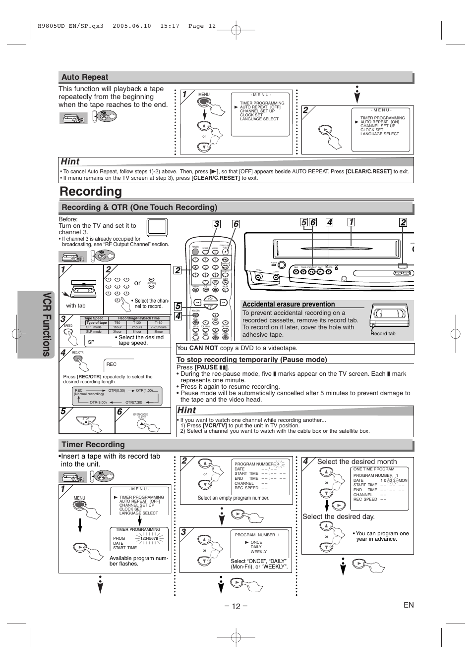 Recording, Vcr functions, Hint | Recording & otr (one touch recording), Auto repeat, Timer recording, Accidental erasure prevention, Select the desired month select the desired day | Sylvania SRDD495 User Manual | Page 12 / 28