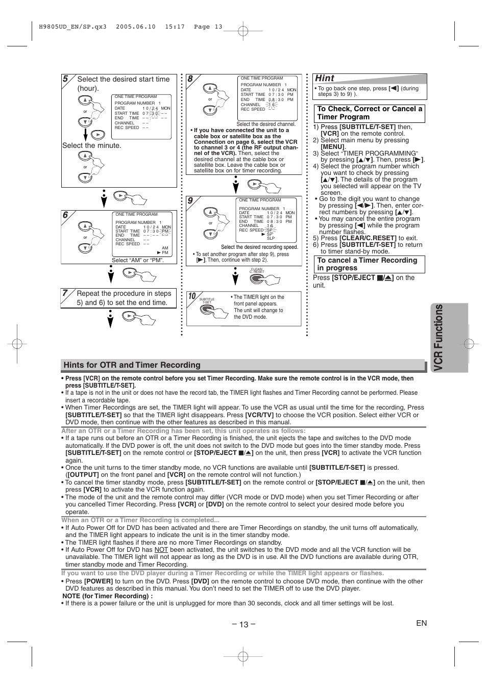 Vcr functions, Hint, Hints for otr and timer recording | Sylvania SRDD495 User Manual | Page 13 / 28