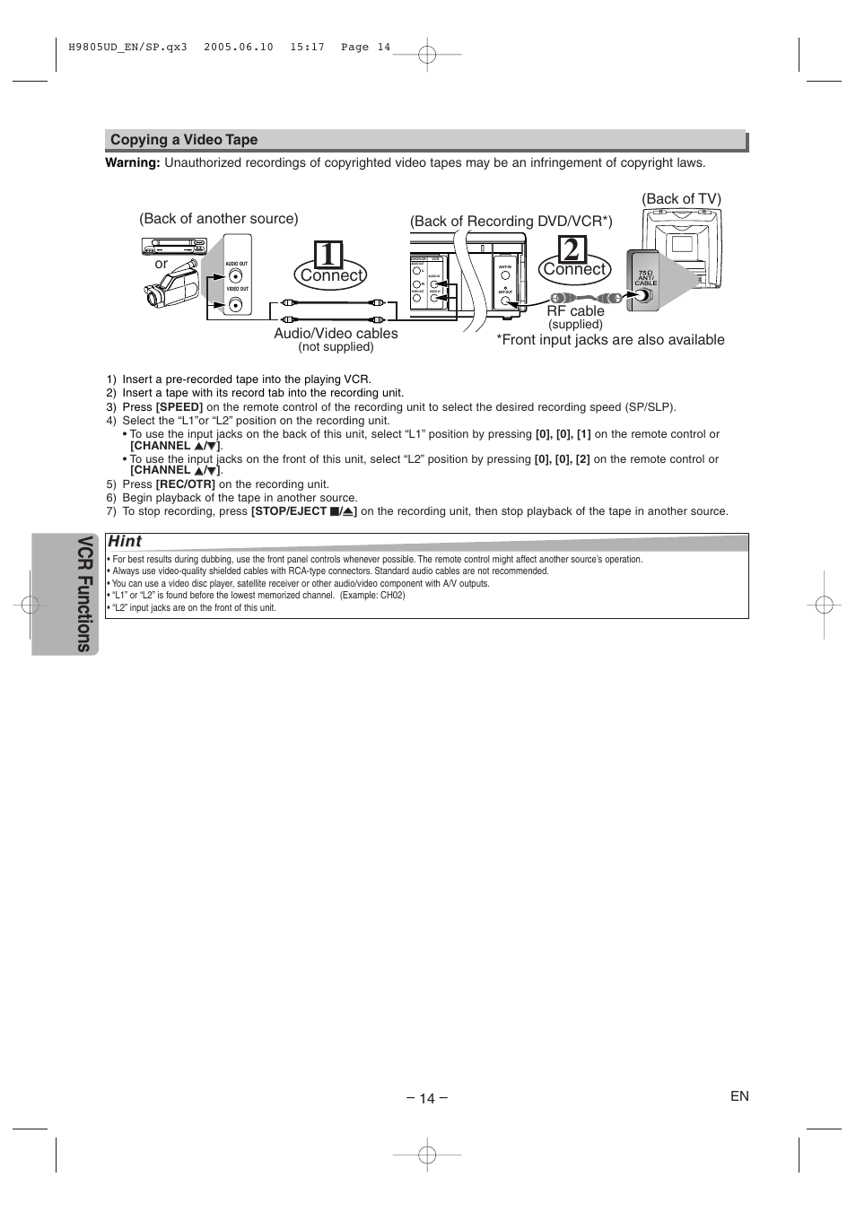 Vcr functions, Connect, Hint | Audio/video cables, Rf cable, Front input jacks are also available, Copying a video tape, Not supplied), Supplied) | Sylvania SRDD495 User Manual | Page 14 / 28
