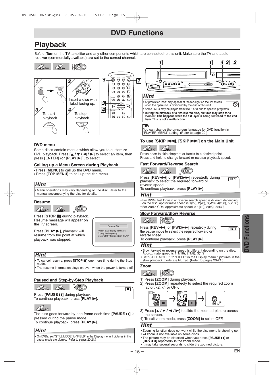 Playback, Dvd functions, Hint | Sylvania SRDD495 User Manual | Page 15 / 28