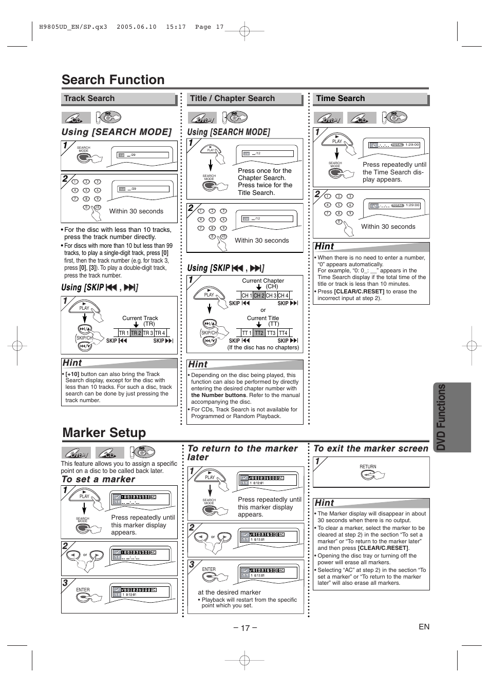 Search function, Marker setup, Dvd functions | Using [search, Using [search mode] mode, Using [skip, Hint, Time search, Track search, Title / chapter search | Sylvania SRDD495 User Manual | Page 17 / 28