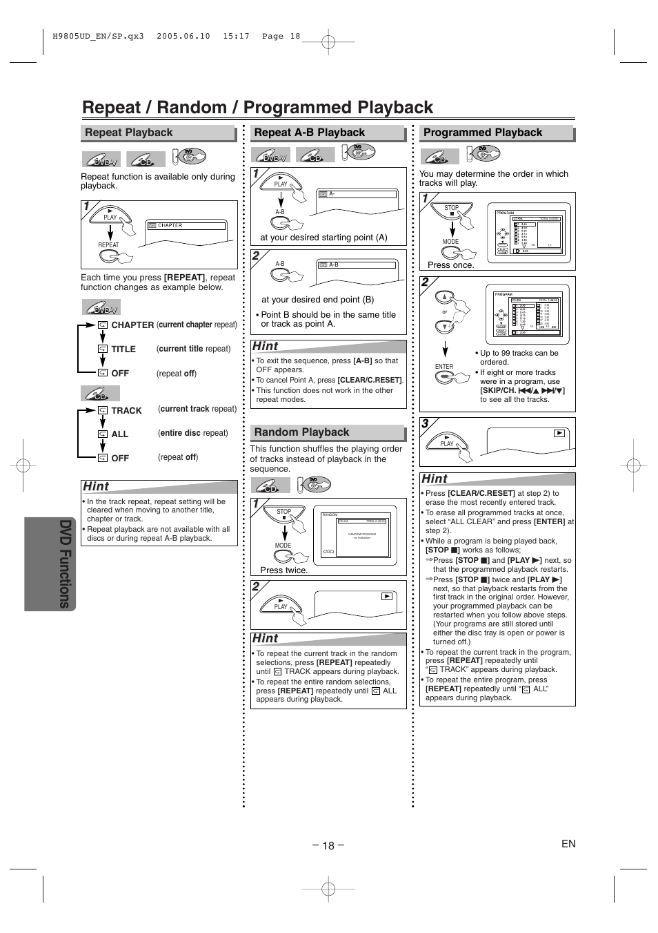 Repeat / random / programmed playback, Dvd functions, Hint | Random playback | Sylvania SRDD495 User Manual | Page 18 / 28