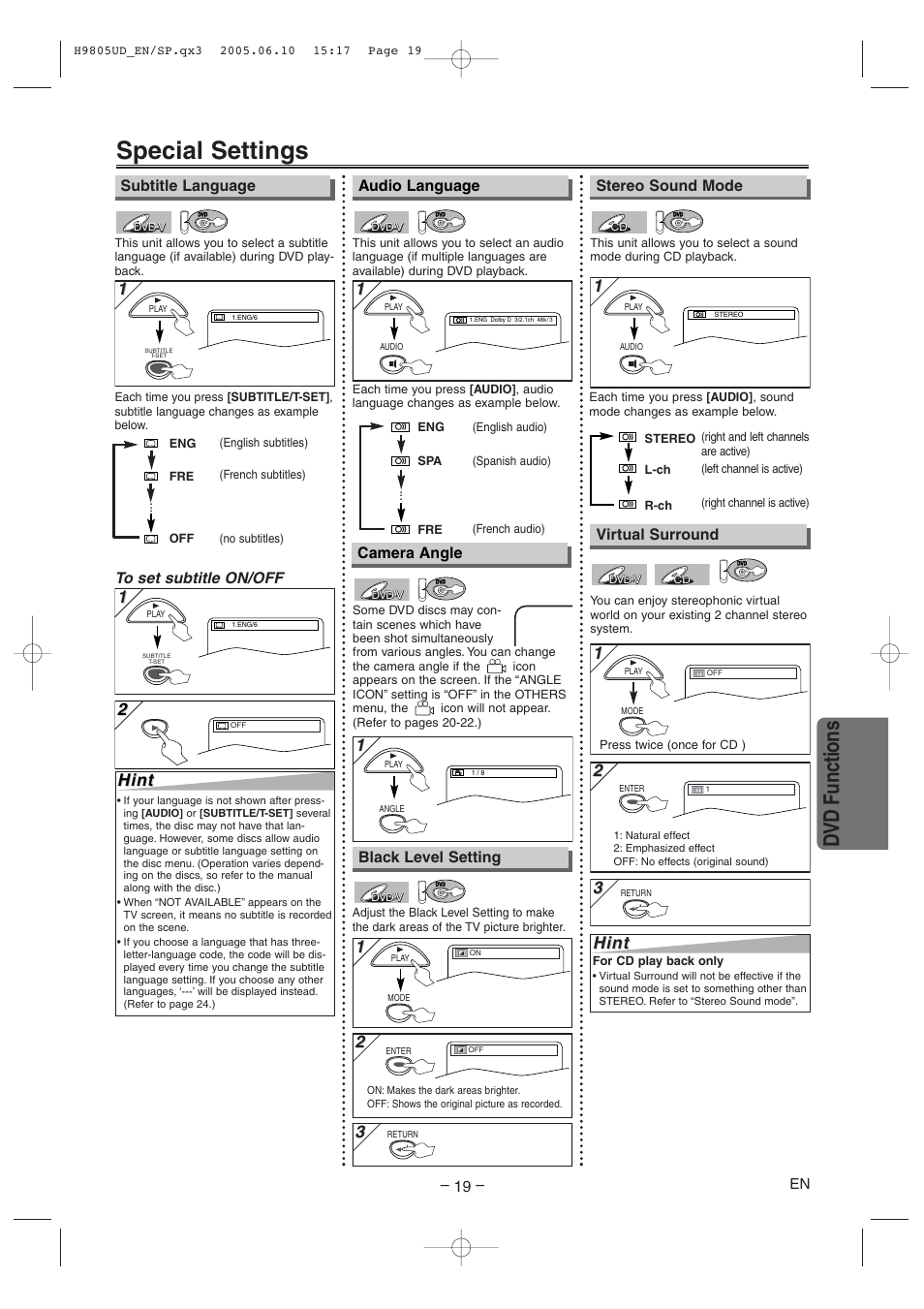 Special settings, Dvd functions, Hint | Audio language, Stereo sound mode camera angle, Subtitle language, Black level setting, Virtual surround | Sylvania SRDD495 User Manual | Page 19 / 28