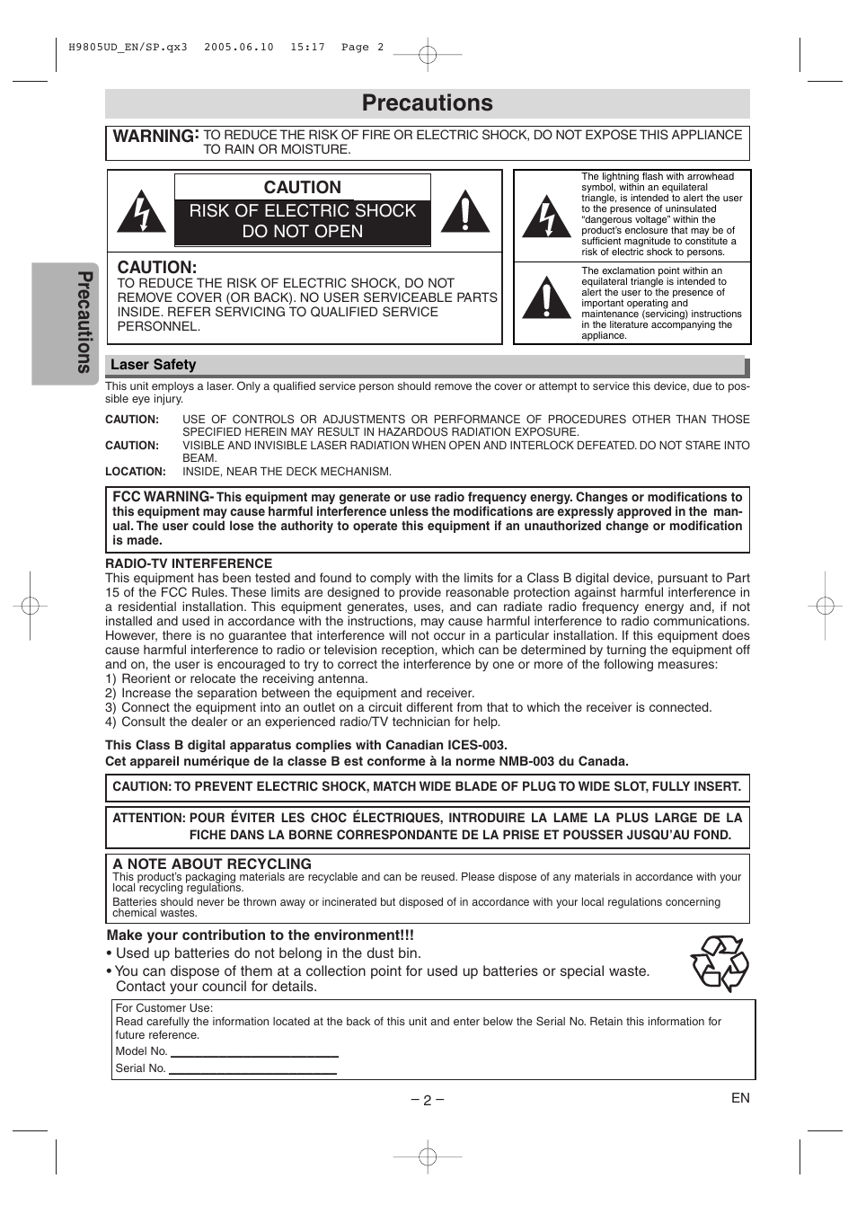 Precautions, Warning, Caution | Caution risk of electric shock do not open | Sylvania SRDD495 User Manual | Page 2 / 28