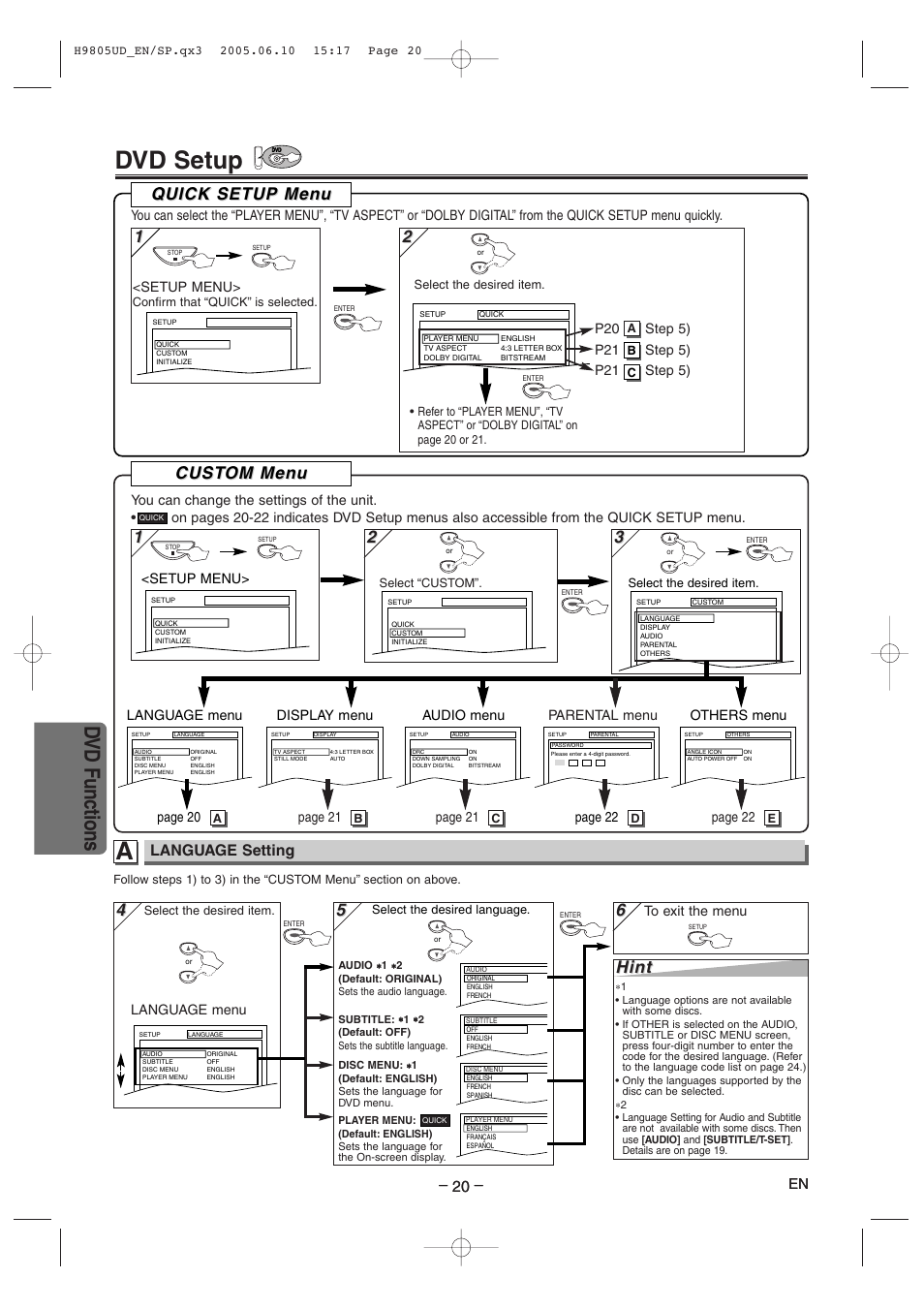 Dvd setup, Dvd functions, Hint | Quick setup men uick setup men u u, Cust, Cust om men om men u u, Language setting | Sylvania SRDD495 User Manual | Page 20 / 28