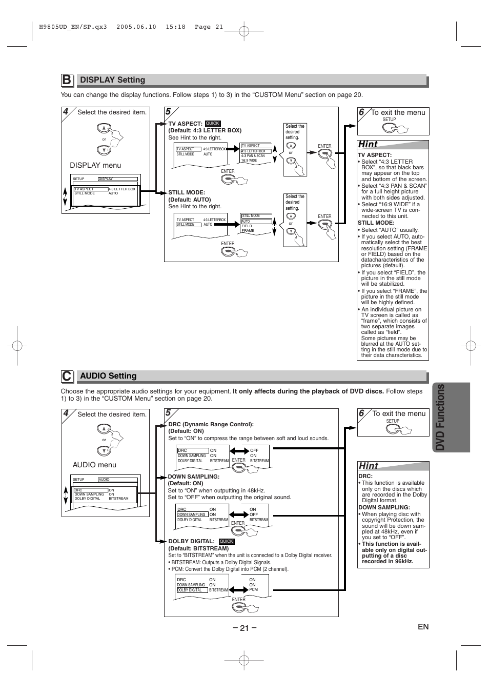 Dvd functions, 5hint hint, Hint | Display setting, Audio setting | Sylvania SRDD495 User Manual | Page 21 / 28