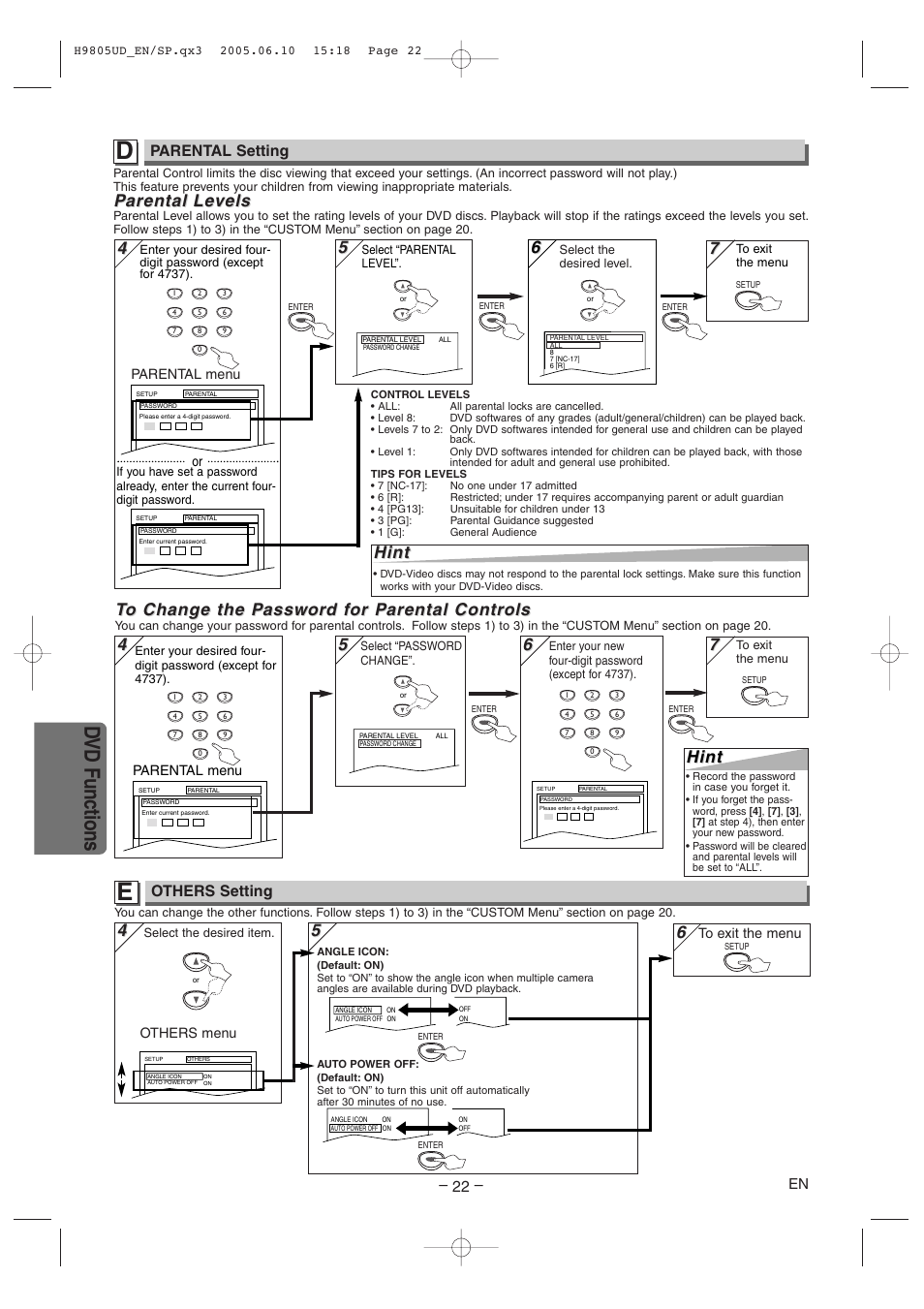 Dvd functions, Parental arental le le vels vels, Hint | Parental setting, Others setting | Sylvania SRDD495 User Manual | Page 22 / 28