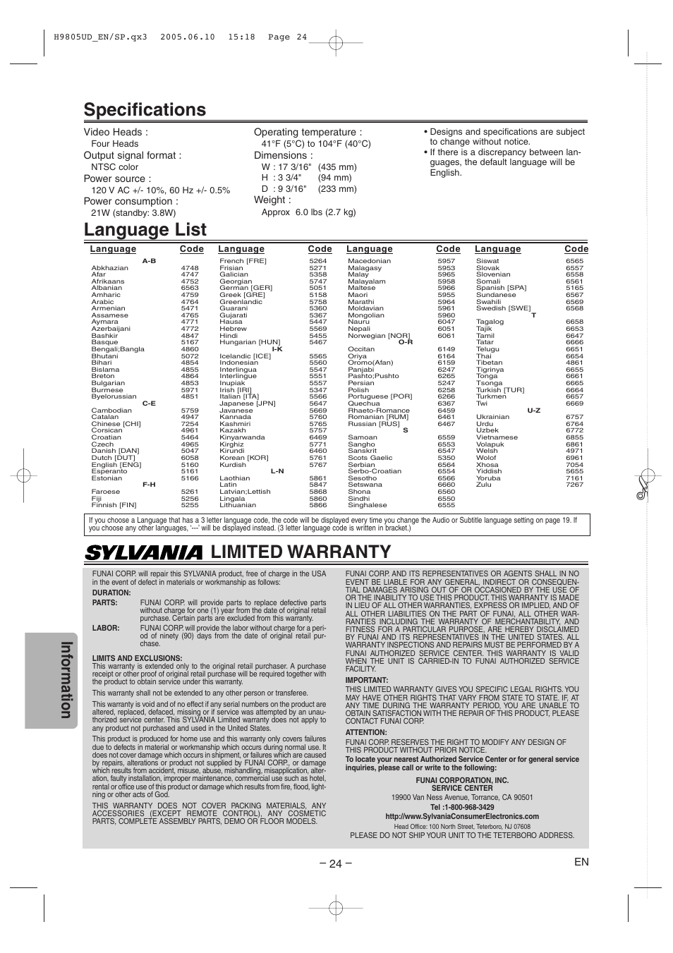 Language list specifications, Limited warranty, Inf ormation | Video heads, Output signal format, Power source, Power consumption, Operating temperature, Dimensions, Weight | Sylvania SRDD495 User Manual | Page 24 / 28
