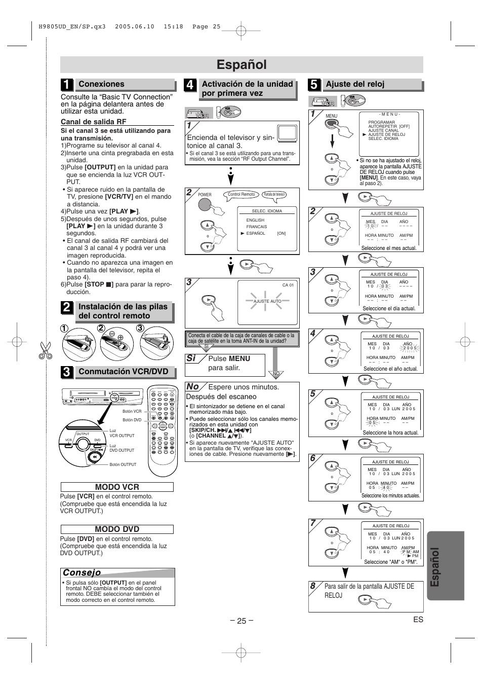 Español, Conexiones, Ajuste del reloj | Conmutación vcr/dvd, Instalación de las pilas del control remoto, Activación de la unidad por primera vez, Modo vcr, Modo dvd, Subtitle t-set, Search mode | Sylvania SRDD495 User Manual | Page 25 / 28