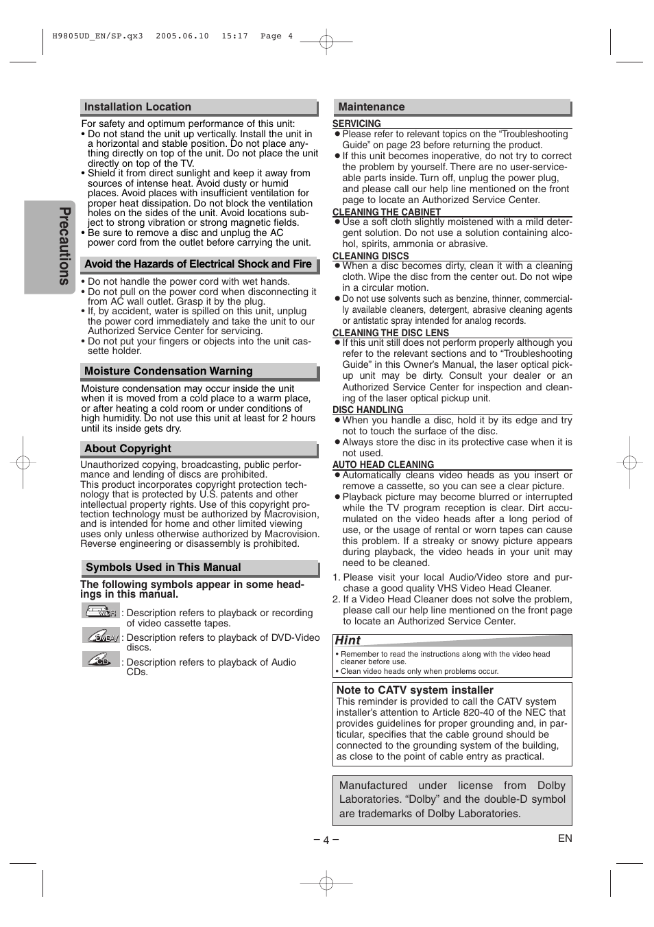 Precautions | Sylvania SRDD495 User Manual | Page 4 / 28