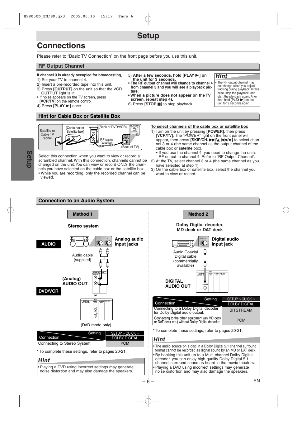 Connections, Setup, Hint | Hint for cable box or satellite box, Connection to an audio system, Rf output channel | Sylvania SRDD495 User Manual | Page 6 / 28