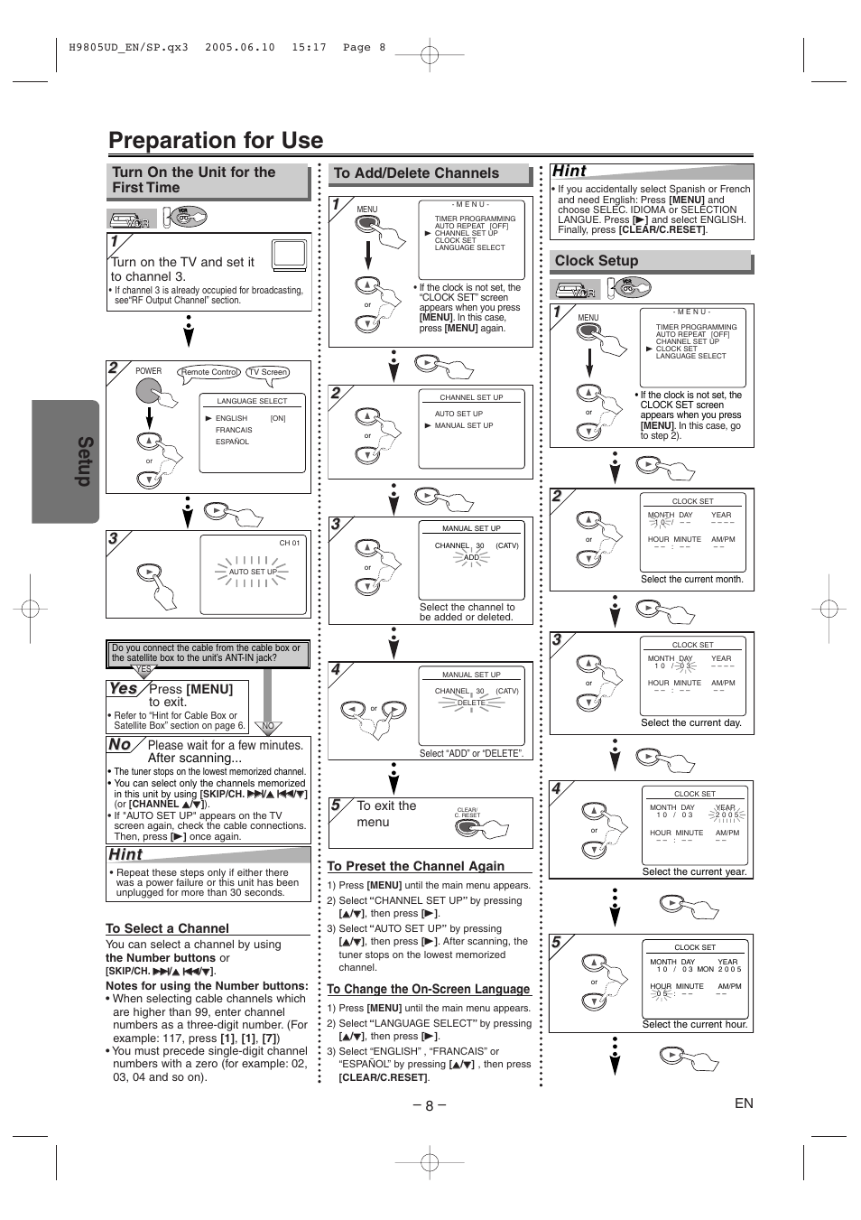 Preparation for use, Setup, 3hint hint | Hint, Yes es, Clock setup, Turn on the unit for the first time | Sylvania SRDD495 User Manual | Page 8 / 28
