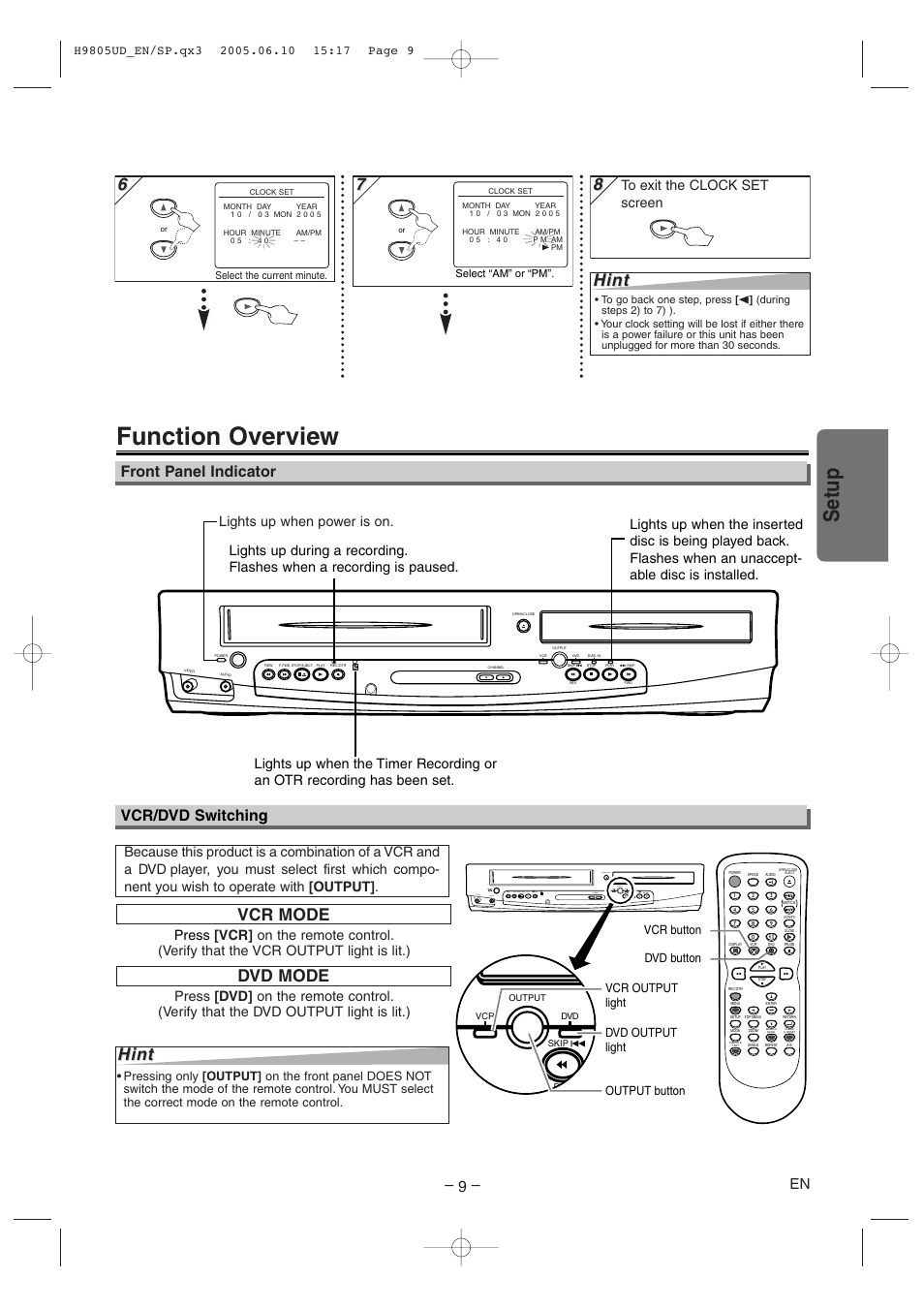 Function overview, Setup, Hint | Vcr mode, Dvd mode hint hint, Front panel indicator, Vcr/dvd switching, Lights up when power is on | Sylvania SRDD495 User Manual | Page 9 / 28