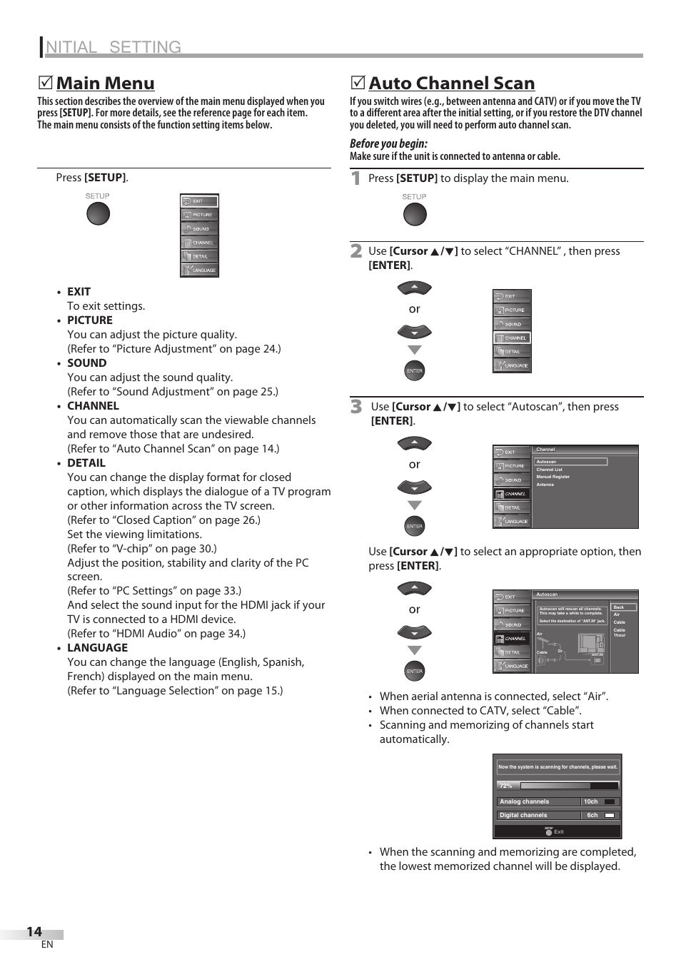 Nitial setting, Main menu, Auto channel scan | Sylvania LC370SS8 User Manual | Page 14 / 40