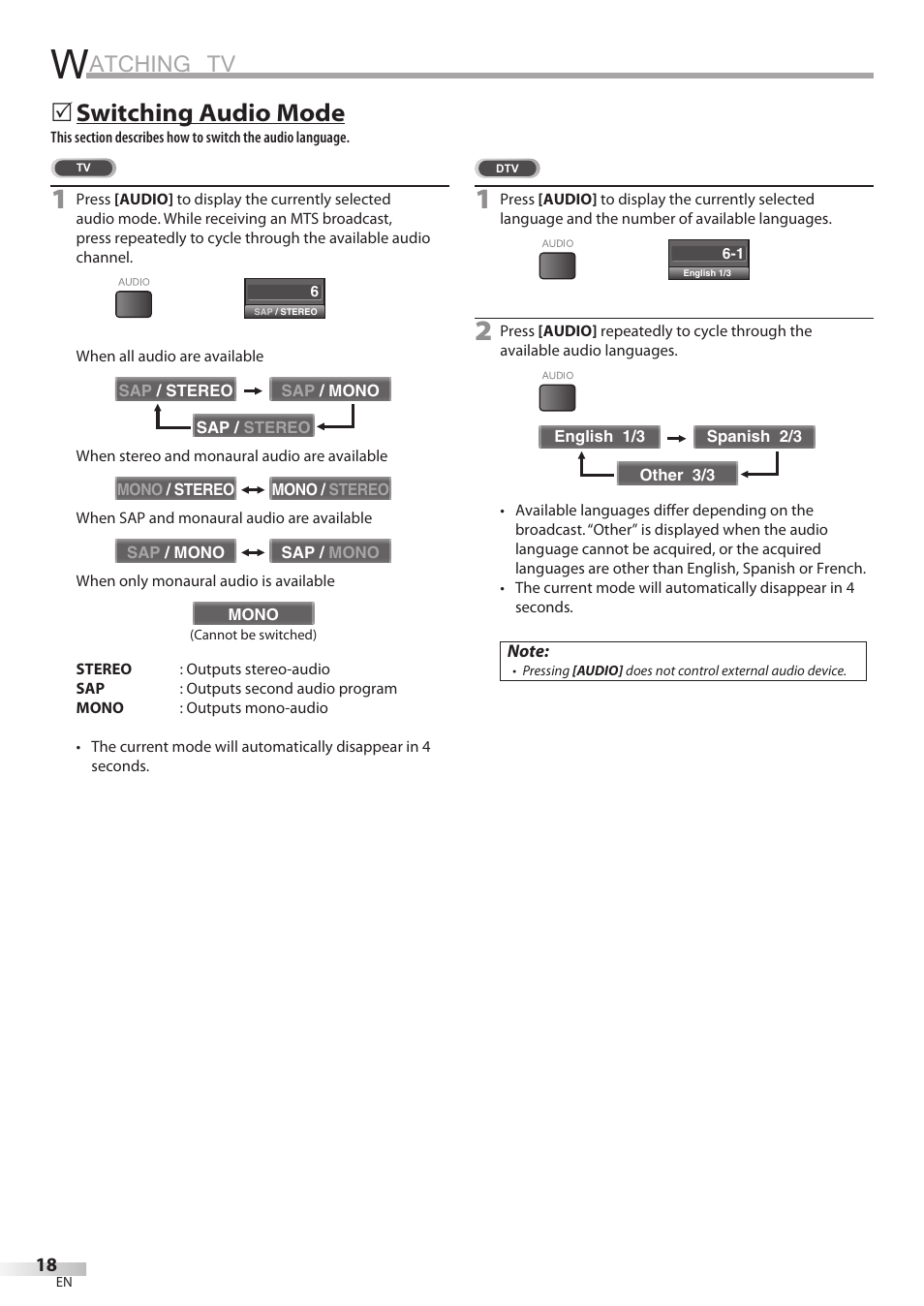 Atching tv, Switching audio mode | Sylvania LC370SS8 User Manual | Page 18 / 40