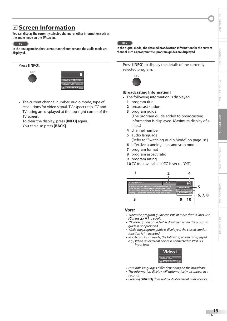 Screen information, Video1 | Sylvania LC370SS8 User Manual | Page 19 / 40