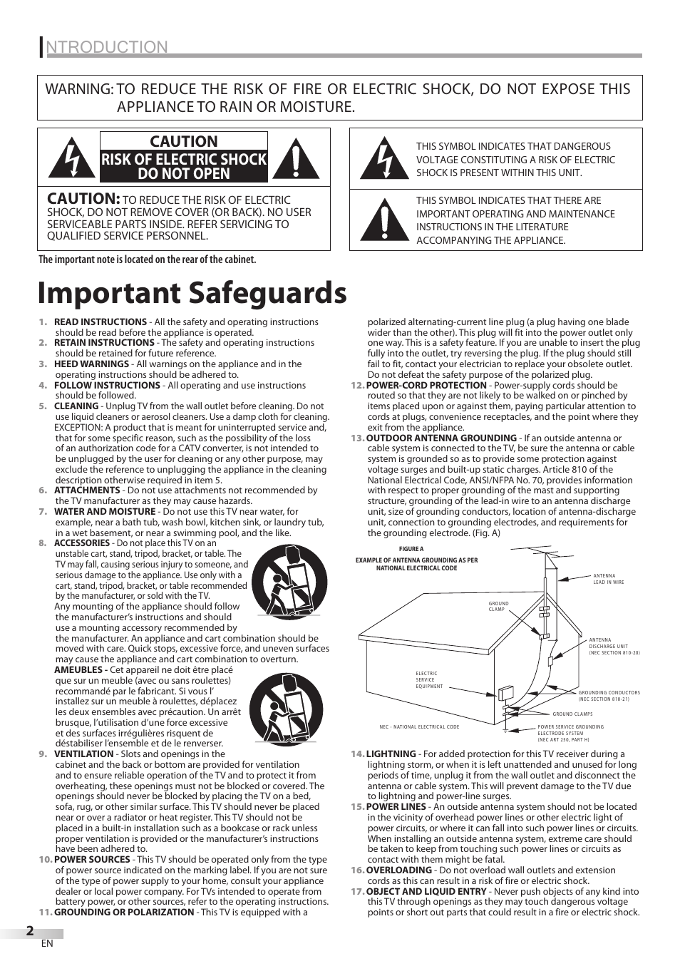 Important safeguards, Ntroduction, Caution | Caution risk of electric shock do not open | Sylvania LC370SS8 User Manual | Page 2 / 40