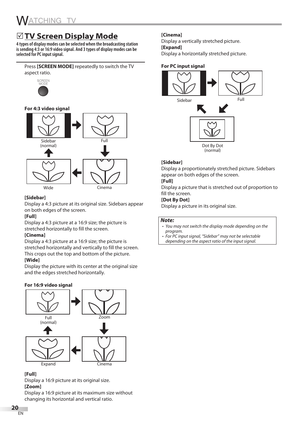 Atching tv, Tv screen display mode | Sylvania LC370SS8 User Manual | Page 20 / 40