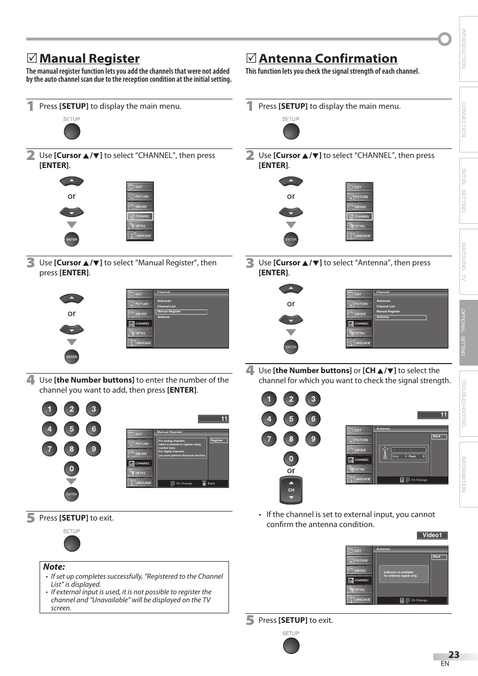 Manual register, 5antenna confirmation | Sylvania LC370SS8 User Manual | Page 23 / 40