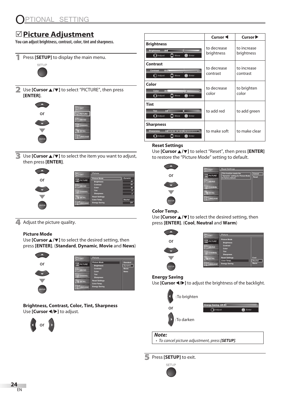 Ptional setting, Picture adjustment, Press [setup] to display the main menu | Press [setup] to exit | Sylvania LC370SS8 User Manual | Page 24 / 40