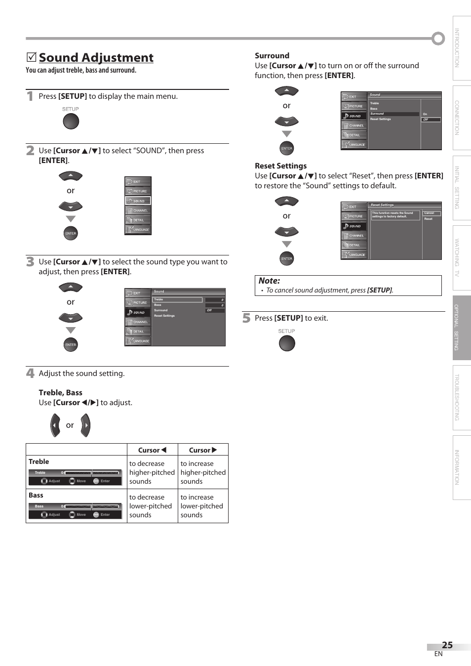 Sound adjustment, Troubleshooting information | Sylvania LC370SS8 User Manual | Page 25 / 40