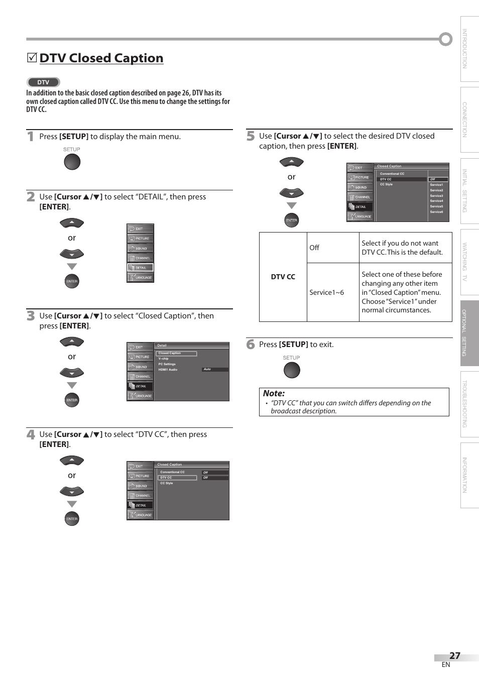 Dtv closed caption, Troubleshooting information | Sylvania LC370SS8 User Manual | Page 27 / 40