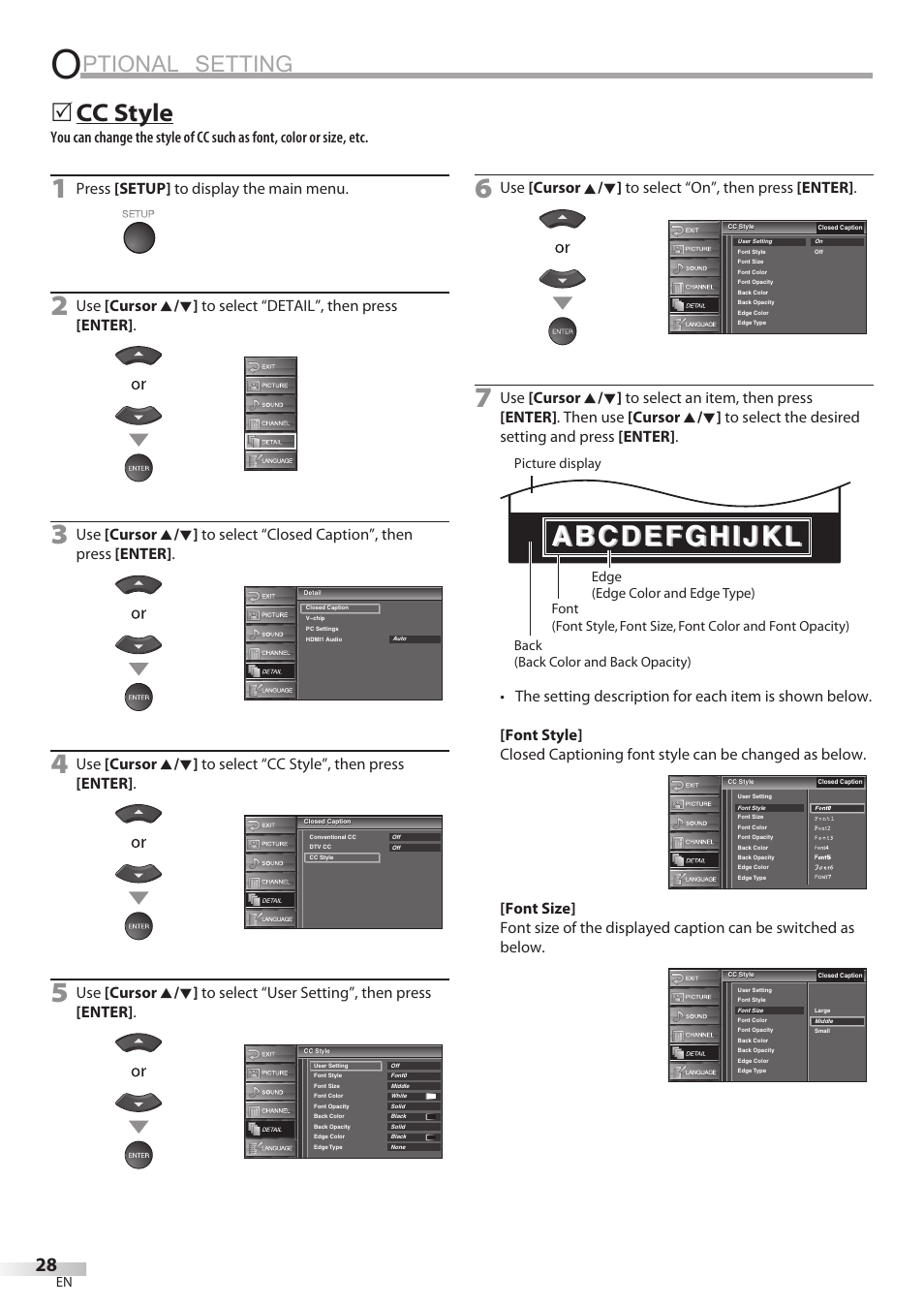 Ptional setting, Cc style, Press [setup] to display the main menu | Sylvania LC370SS8 User Manual | Page 28 / 40