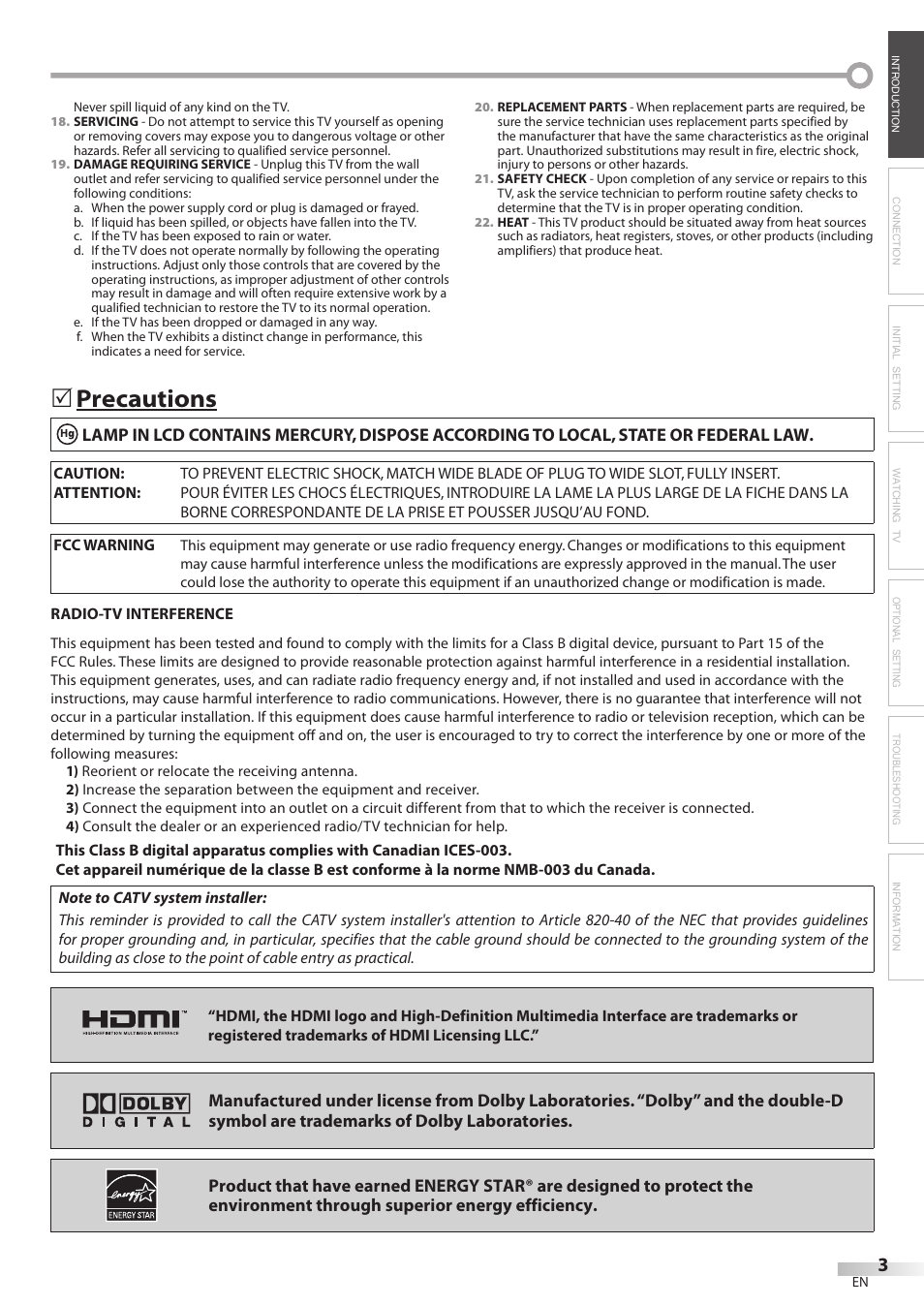 Precautions | Sylvania LC370SS8 User Manual | Page 3 / 40