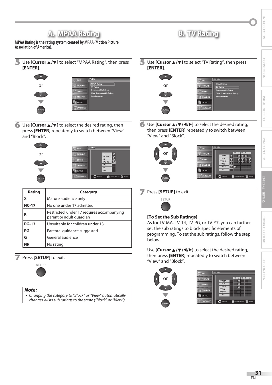 A. mpaa rating, B. tv rating, Troubleshooting information | Press [setup] to exit, Optional setting | Sylvania LC370SS8 User Manual | Page 31 / 40